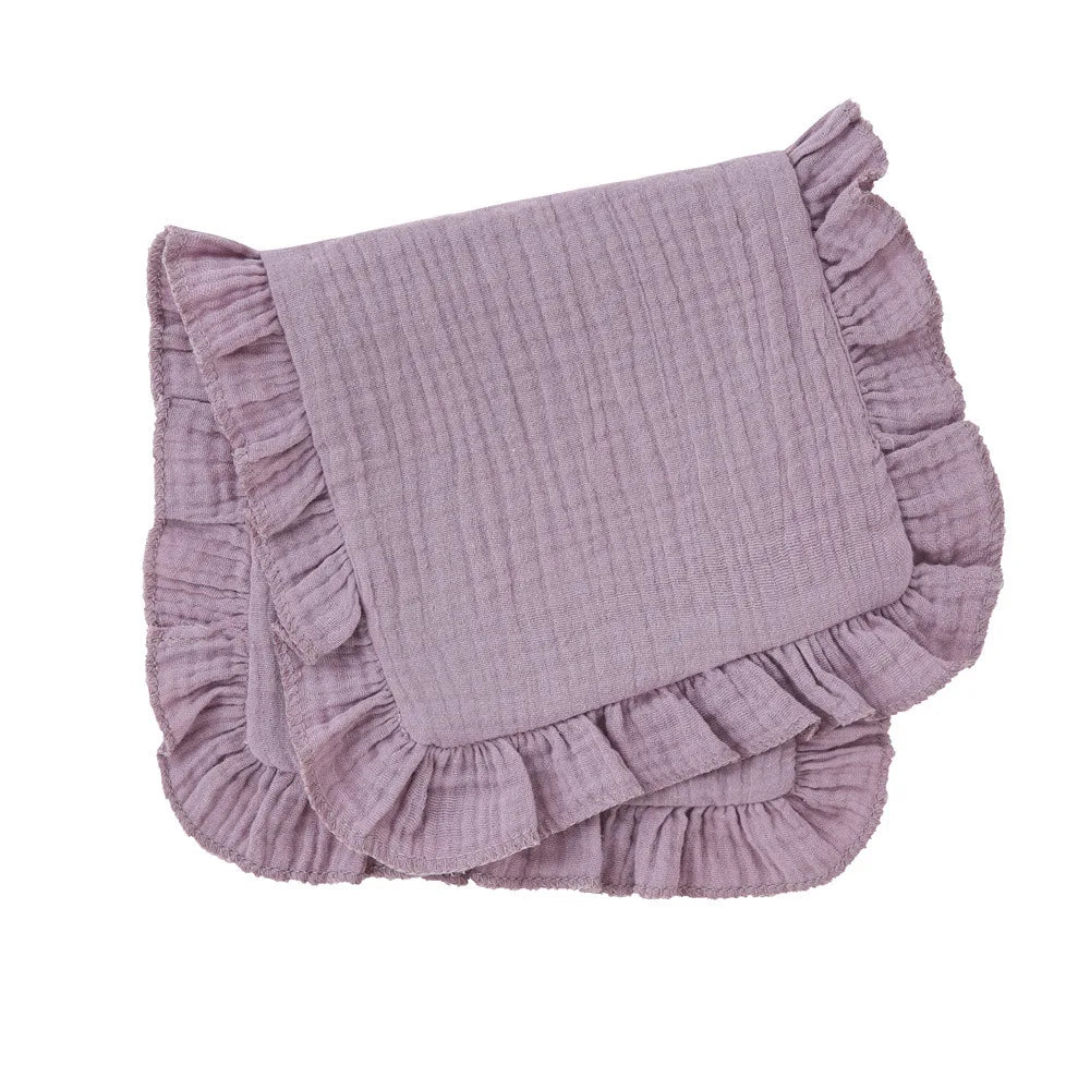 White muslin cotton gauze burp cloth with exquisite ruffle edge, functional and chic for baby accessories.