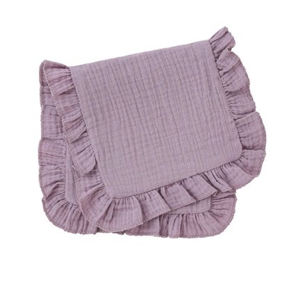 White muslin cotton gauze burp cloth with exquisite ruffle edge, functional and chic for baby accessories.