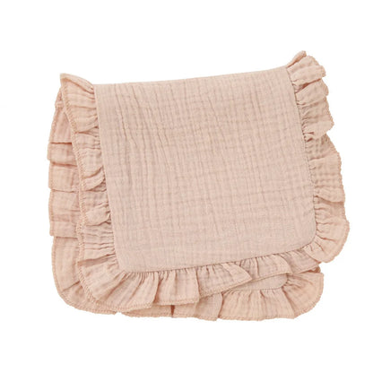 Baby burp cloth in light blue muslin with ruffle edge, practical and stylish for newborn accessory.