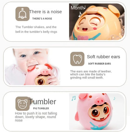 Soft pink pig baby tumbler toy, musical and educational, ideal for sensory development