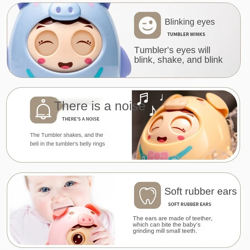 Educational pig infant toy, soft musical tumbler for sensory exploration and teething