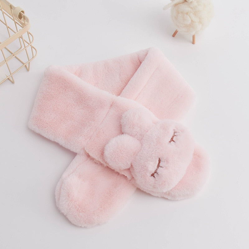 Baby gray plush bunny scarf, a soft and warm kids' winter accessory, perfect for toddlers.