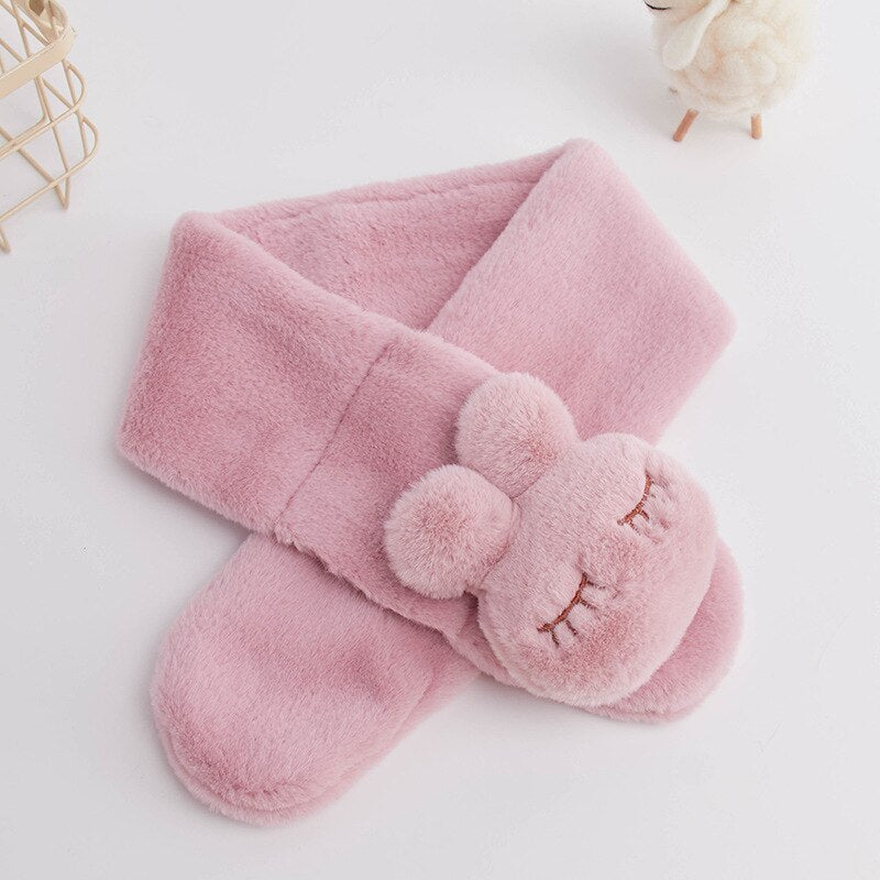 Adorable pink plush bunny scarf for children, a cozy and cute addition to baby clothing.