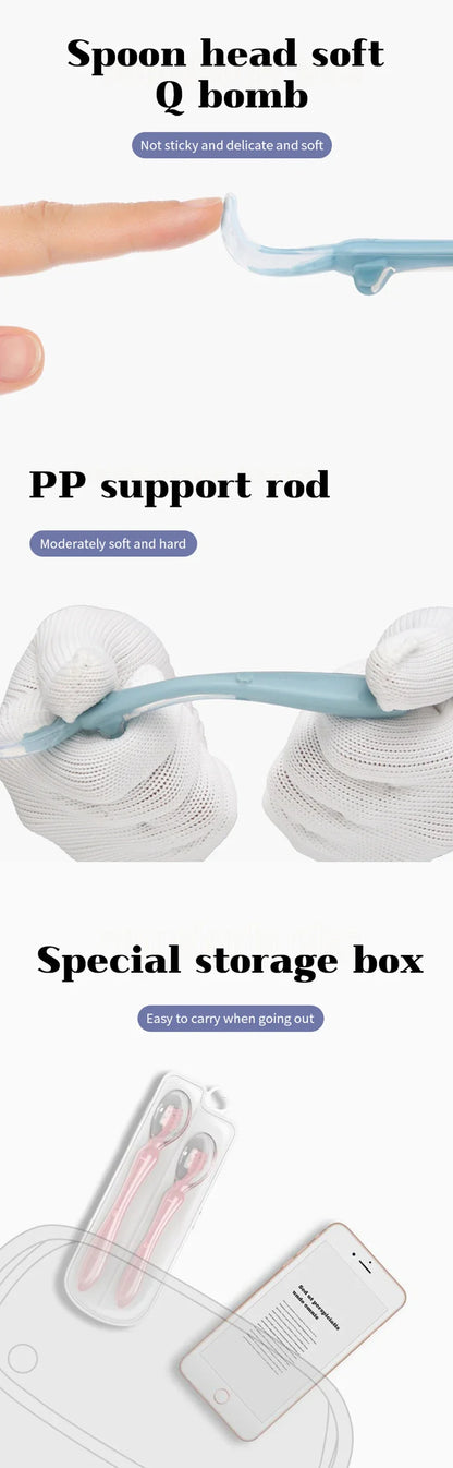 Stack of colorful baby silicone feeding spoons, space-saving for storage