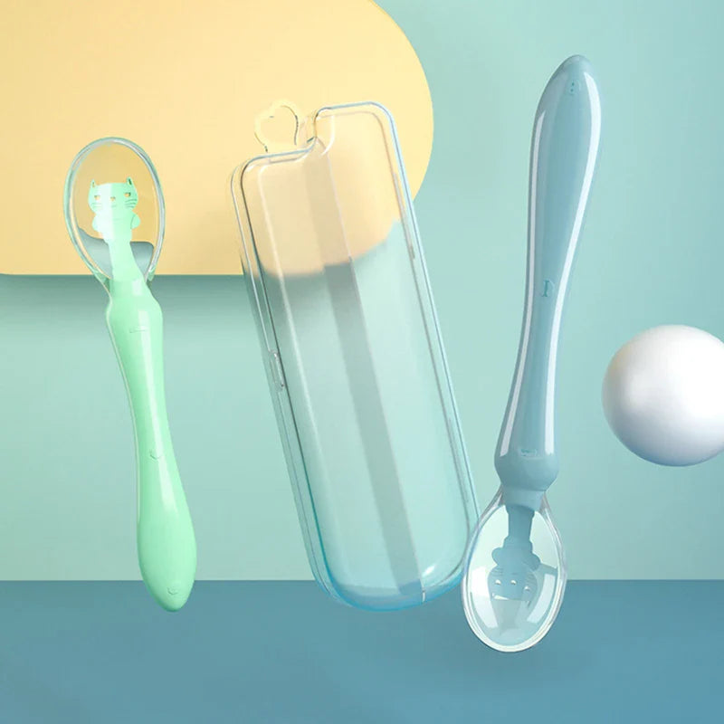 Blue baby silicone feeding spoon, safe toddler utensil for infant self-feeding