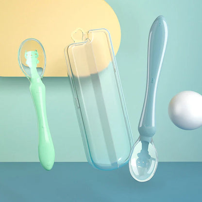 Blue baby silicone feeding spoon, safe toddler utensil for infant self-feeding