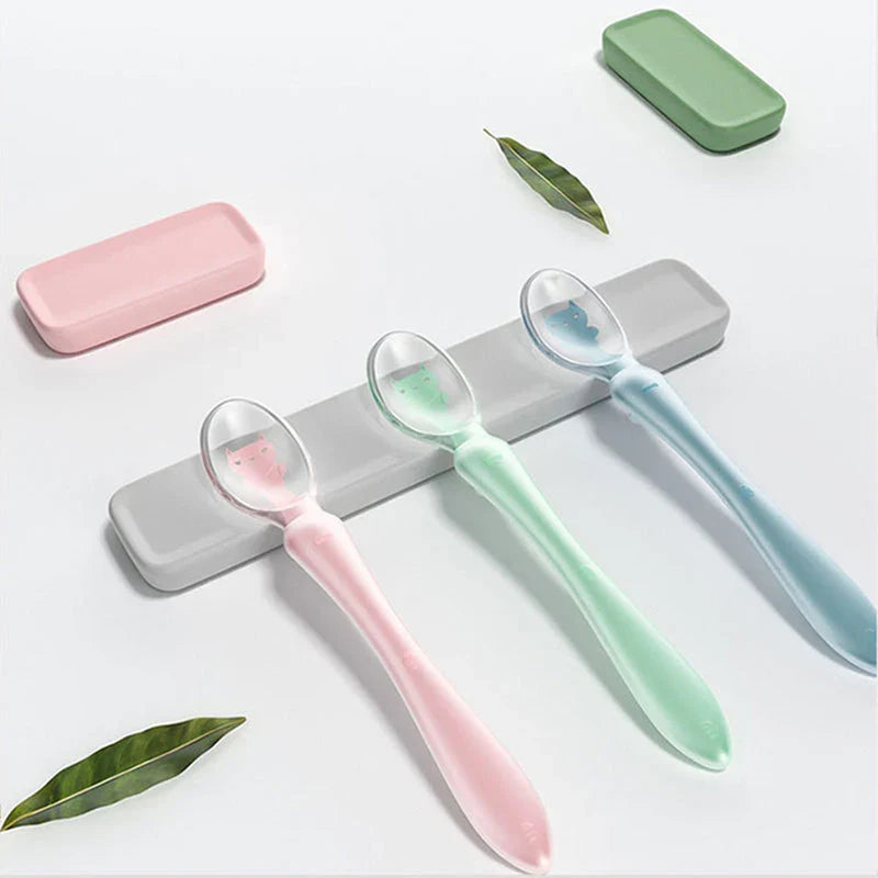 Green baby silicone feeding spoon, soft tip toddler utensil for baby led weaning