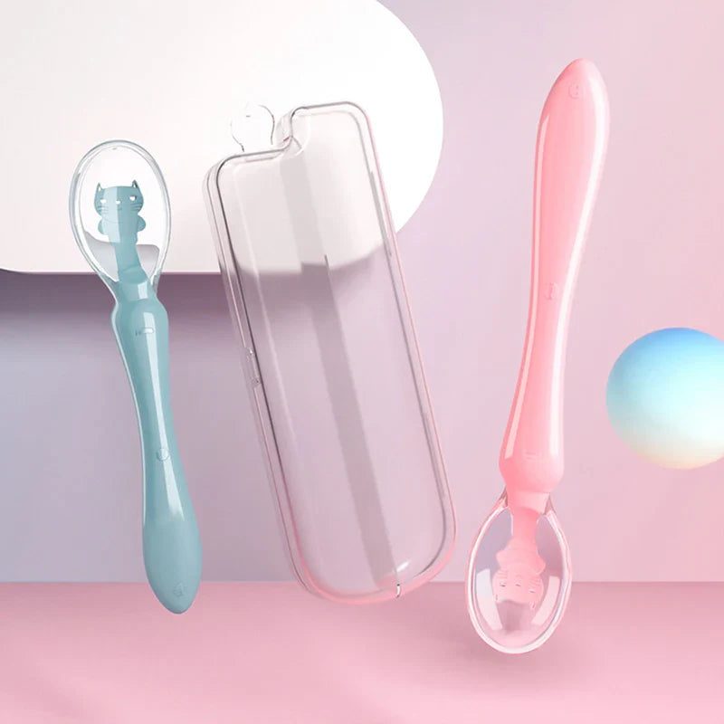 Set of baby silicone feeding spoons in various candy colors, safe toddler flatware