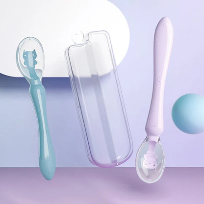 Close-up of a soft pink silicone spoon head, ideal for baby's sensitive gums