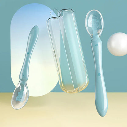 Assortment of BPA-free silicone baby spoons in vibrant candy colors on a white background