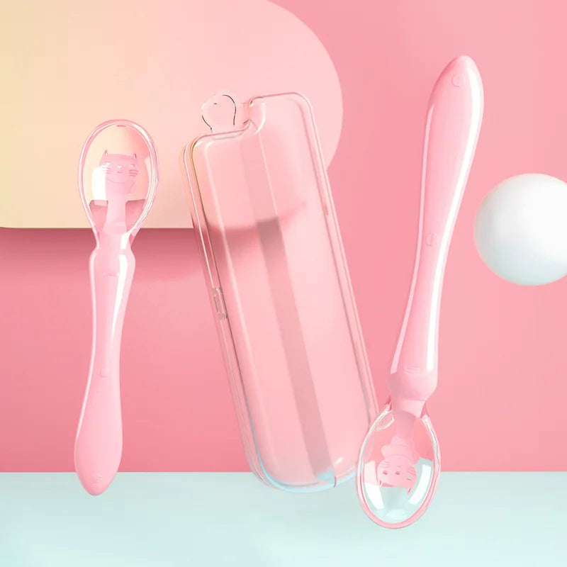 Ergonomic handle design of a baby silicone feeding spoon, easy for small hands to grasp