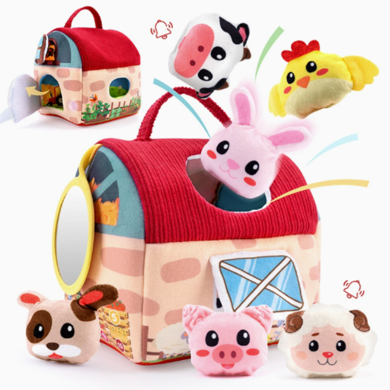 Soft plush barn animal sorter toy for toddlers, teaches shape recognition & fine motor skills