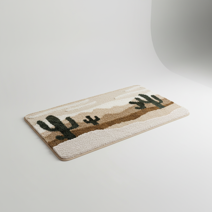 Soft plush FjordFluff bathroom mat styled in a modern bathroom, offering cozy comfort & non-slip safety.