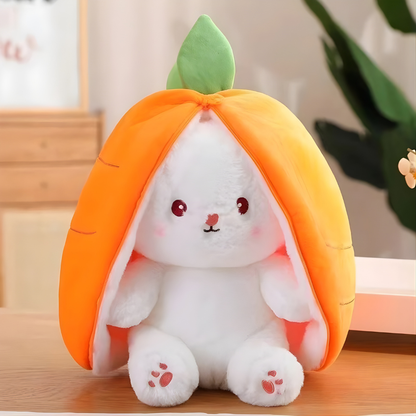 Soft plush bunny toy transforming into a vibrant fruit shape, perfect for imaginative play and cuddling.