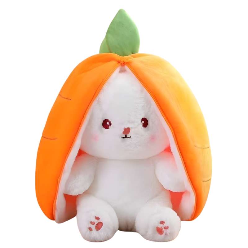 Adorable bunny plush toy that converts into a colorful fruit, ideal for a comfort toy or baby gift.
