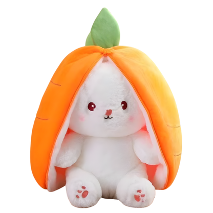 Adorable bunny plush toy that converts into a colorful fruit, ideal for a comfort toy or baby gift.