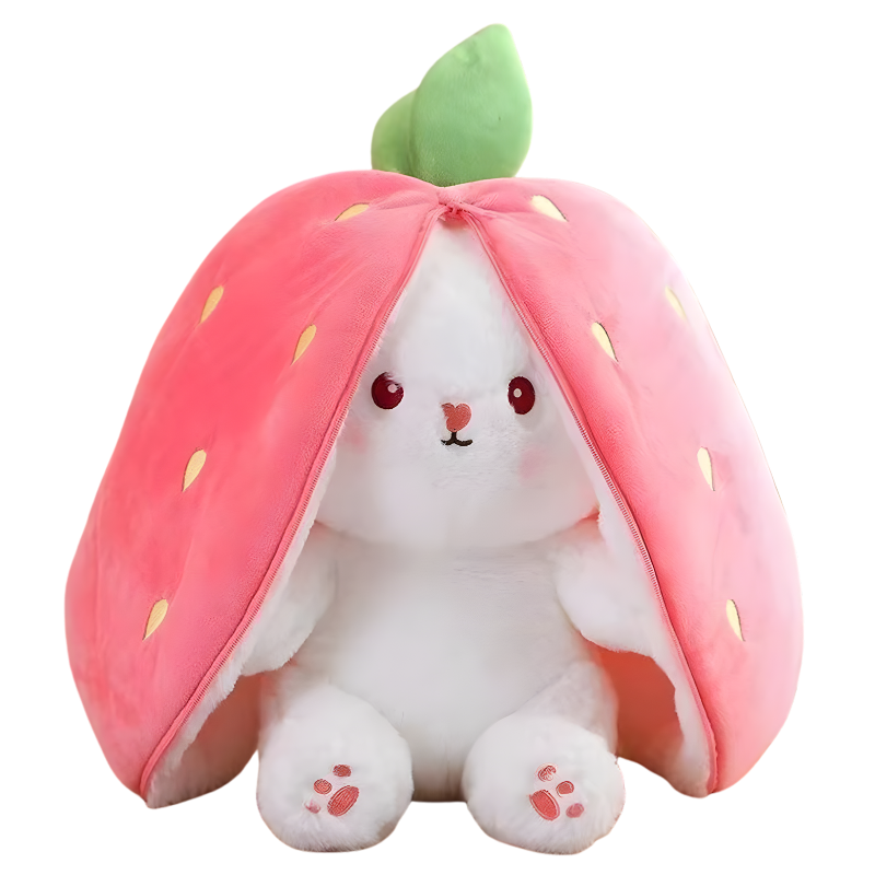 Kids fruit-themed transforming bunny plush, a unique soft toy encouraging imaginative play for toddlers.