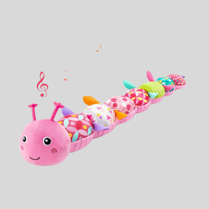 Soft plush caterpillar rattle toy for babies, featuring vibrant colors & textured rings for sensory development.