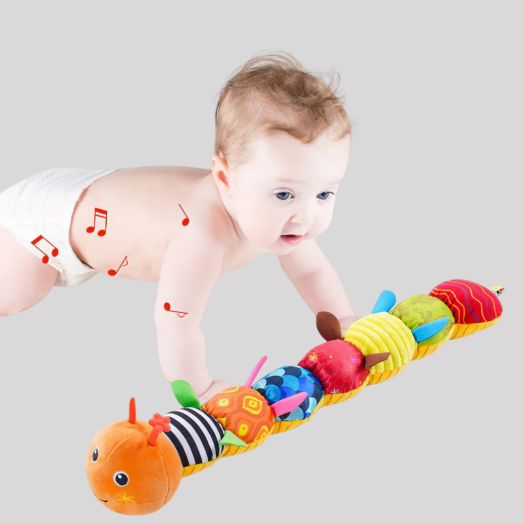 Unisex infant caterpillar plush rattle for newborns, designed for sensory exploration & developmental play.