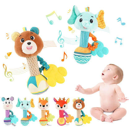 Soft plush elephant baby rattle, sensory toy for infants, gray with colorful accents