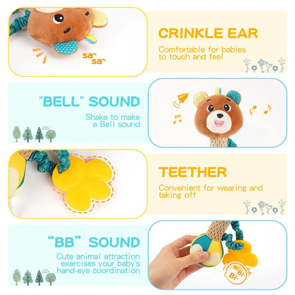 Dinosaur baby animal rattle, plush sensory toy for newborns, green prehistoric design
