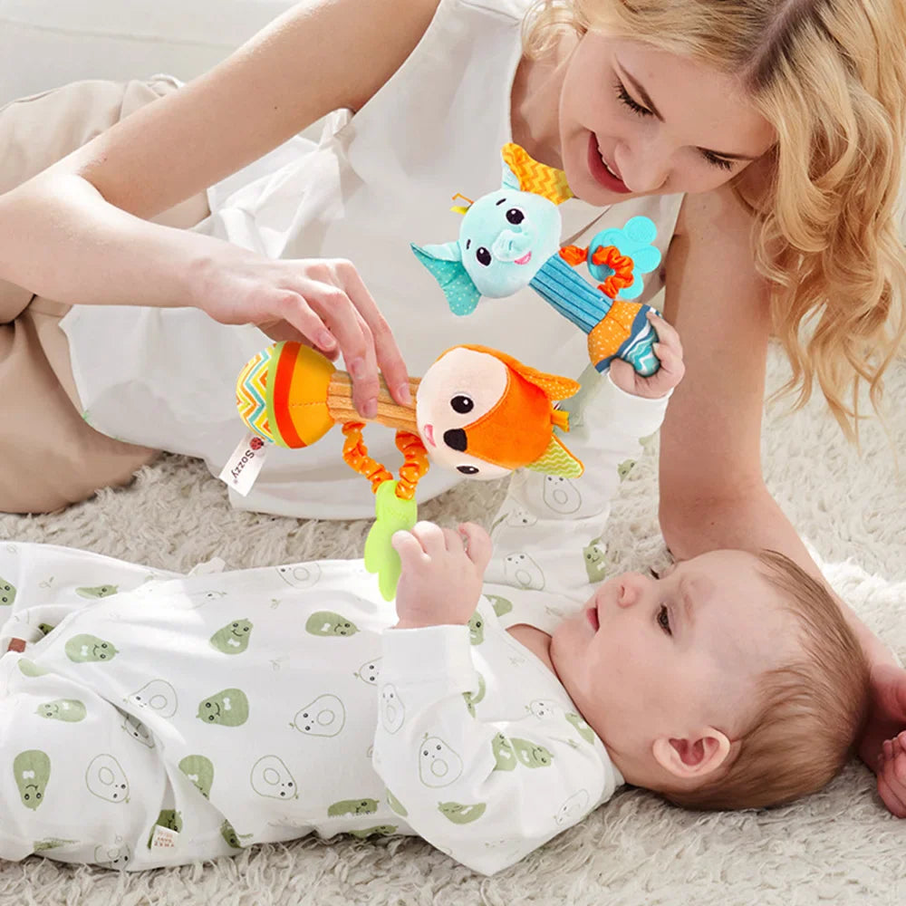 Giraffe infant plush rattle, sensory developmental toy, yellow with brown spots