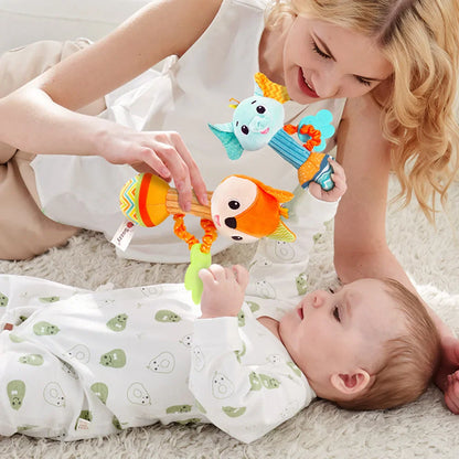 Giraffe infant plush rattle, sensory developmental toy, yellow with brown spots