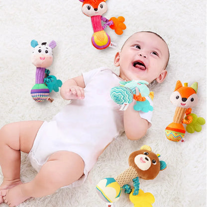Monkey baby rattle toy, soft plush grip for infants, brown with smiling face