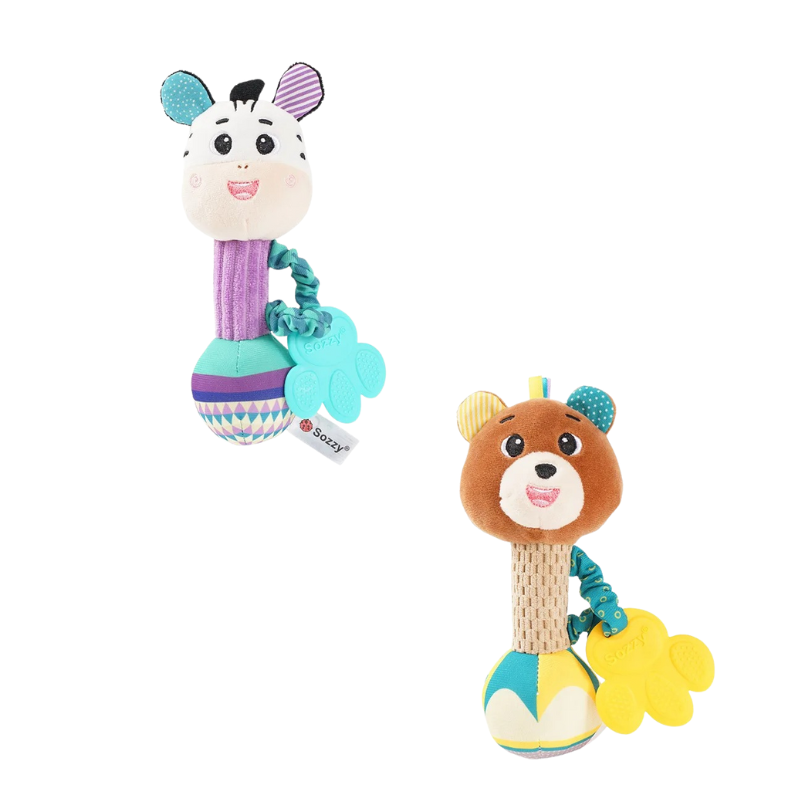 Close-up of soft plush elephant baby rattle, sensory textures for infants