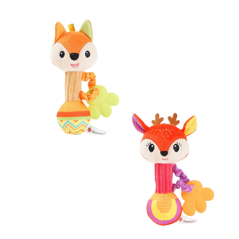 Plush animal rattle with easy-grip handle, developmental baby toy
