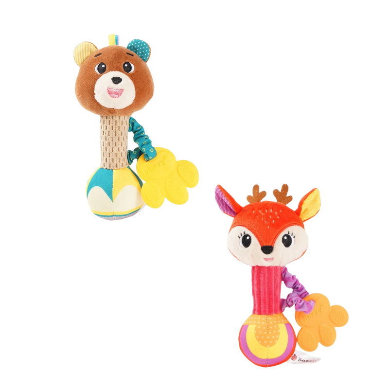 Gift box with unisex soft plush animal baby rattles, newborn developmental toys