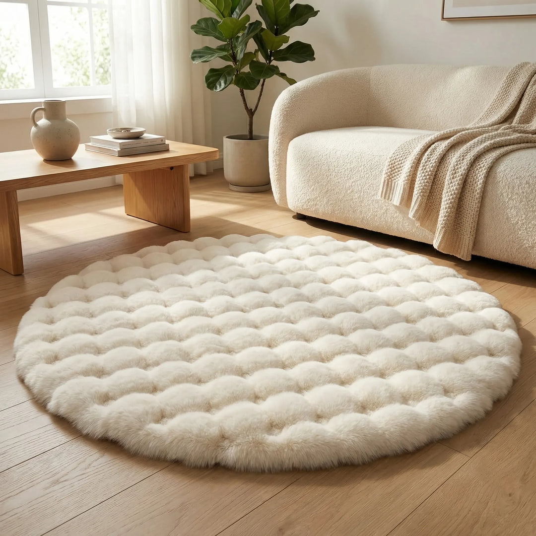 Soft round plush area rug with waves, perfect for cozy home decor. "Flowique" adds comfort to any room.