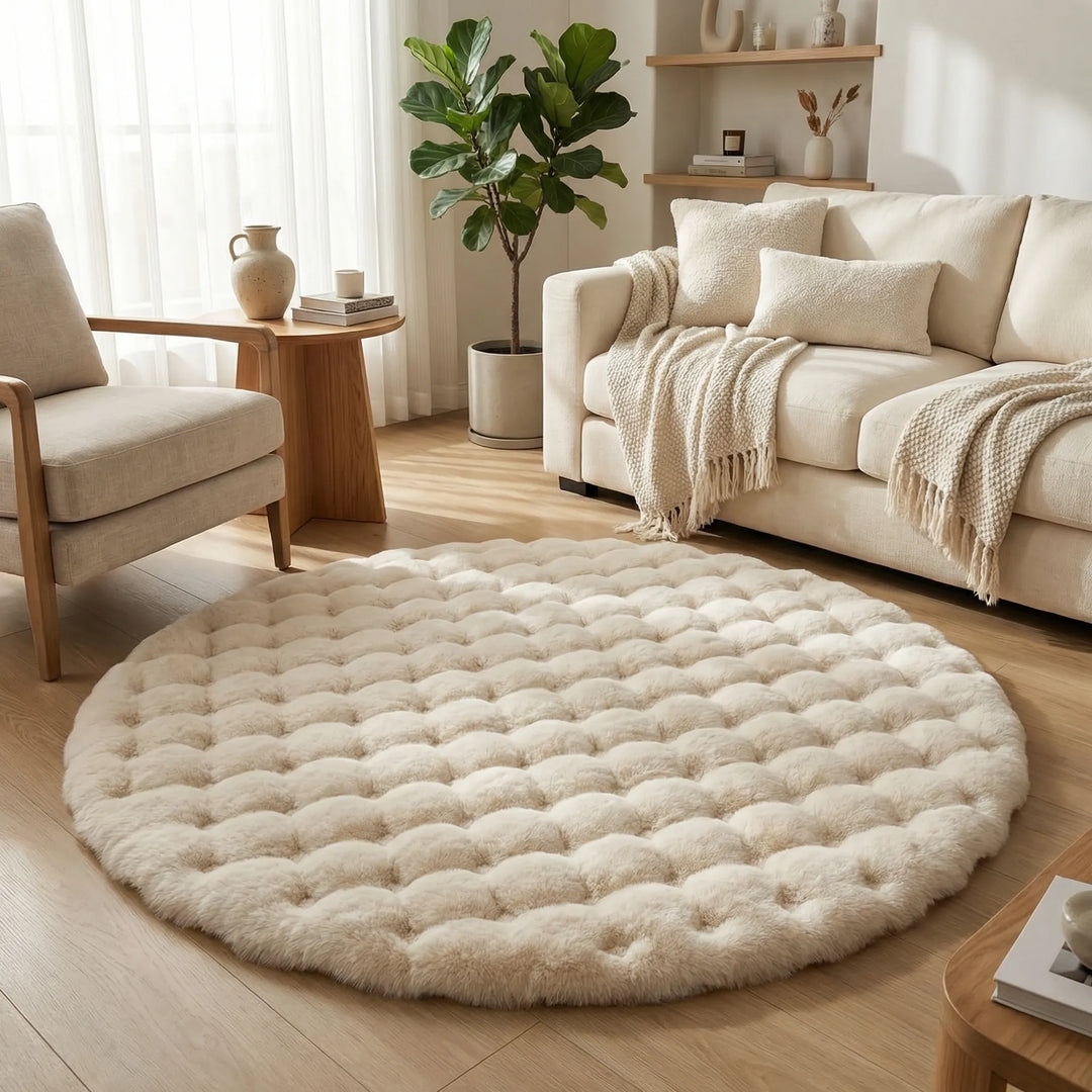 Gentle round plush nursery rug, offering a soft tufted surface for baby's play. "Flowique" for cozy nurseries.