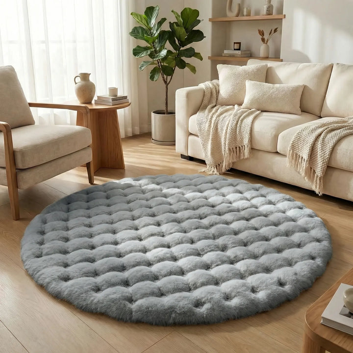 Modern "Flowique" round area rug featuring unique wave patterns & plush tufting. Ideal for stylish, cozy home decor.
