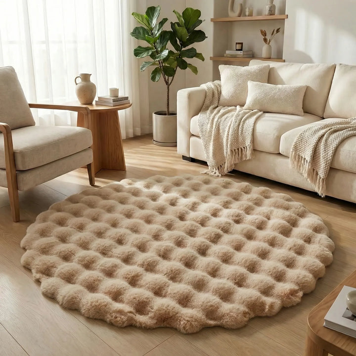 Inviting soft round plush rug, creating a cozy oasis in any room. The "Flowique" design adds warmth to home decor.
