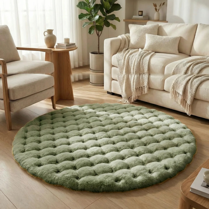 Versatile round plush area rug with elegant wave design. "Flowique" provides a soft, cozy accent for any room.