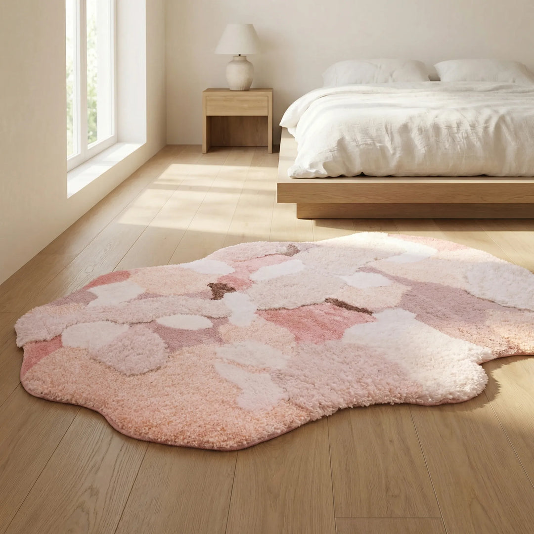 Soft sculpted area rug with organic wave pattern for serene living rooms & bedrooms. Plush nature-inspired home decor.
