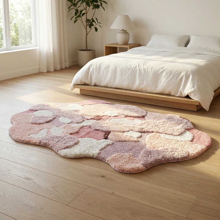 Nature-inspired soft area rug with sculpted wave design. Plush, organic shape rug perfect for serene bedroom & living decor.