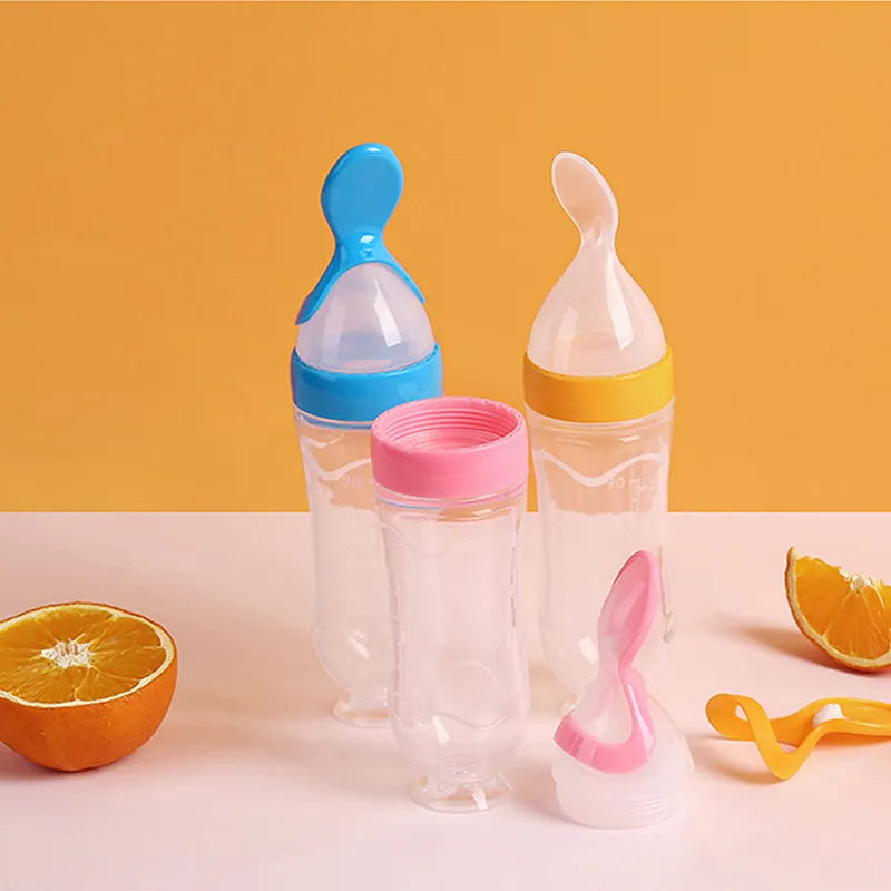Soft silicone baby feeding bottle with training spoon for newborn solid introduction, BPA-free