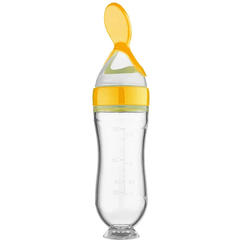 Baby care feeding bottle, silicone with soft training spoon, perfect for purees and cereals