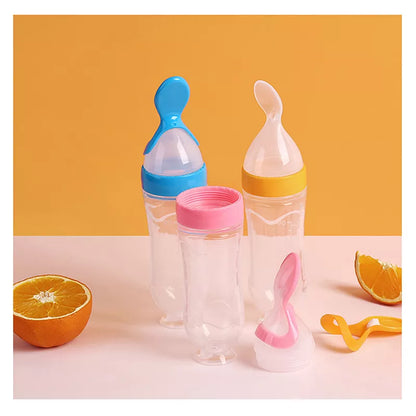Infant feeding solution: silicone bottle with soft training spoon, easy for tiny hands