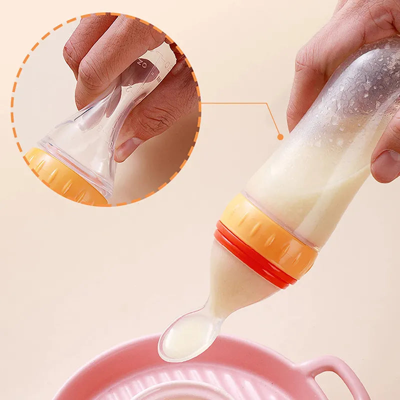BPA-free silicone feeding bottle with flexible training spoon, perfect for baby's first foods