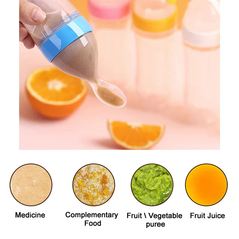 Baby feeding bottle with integrated soft spoon, an easy clean parenting tool for solids