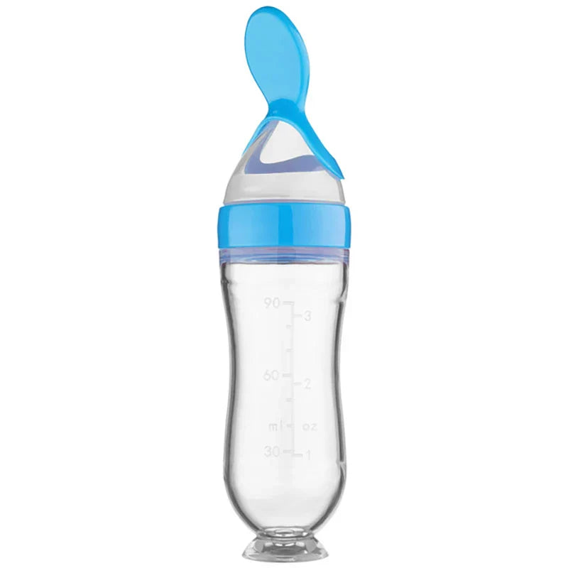 Convenient silicone baby food feeder with soft training spoon, leakproof and easy to clean
