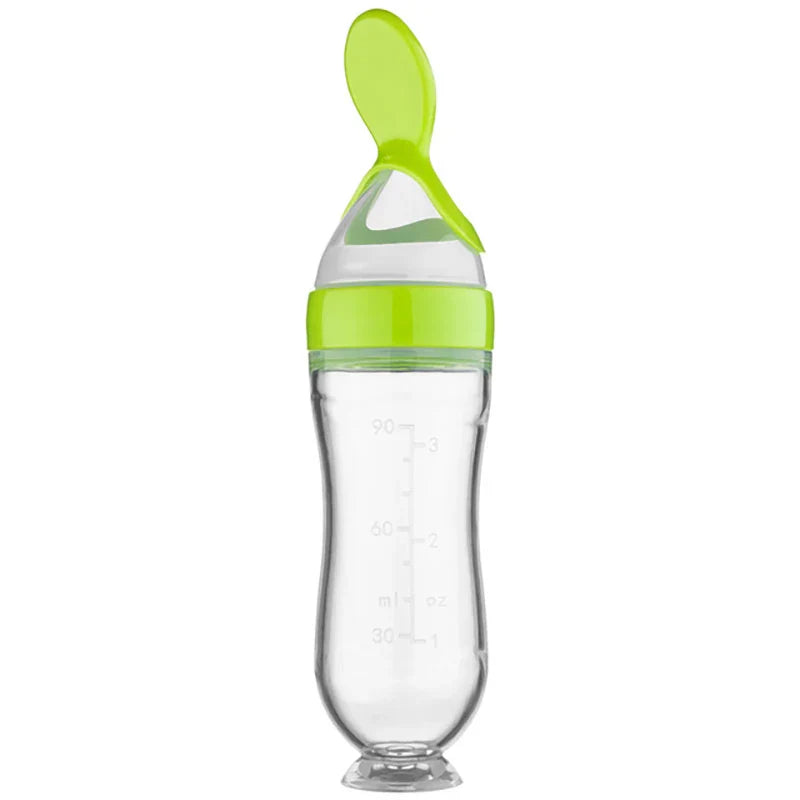 Secure silicone baby feeding bottle and soft spoon for introducing purees, BPA-free design