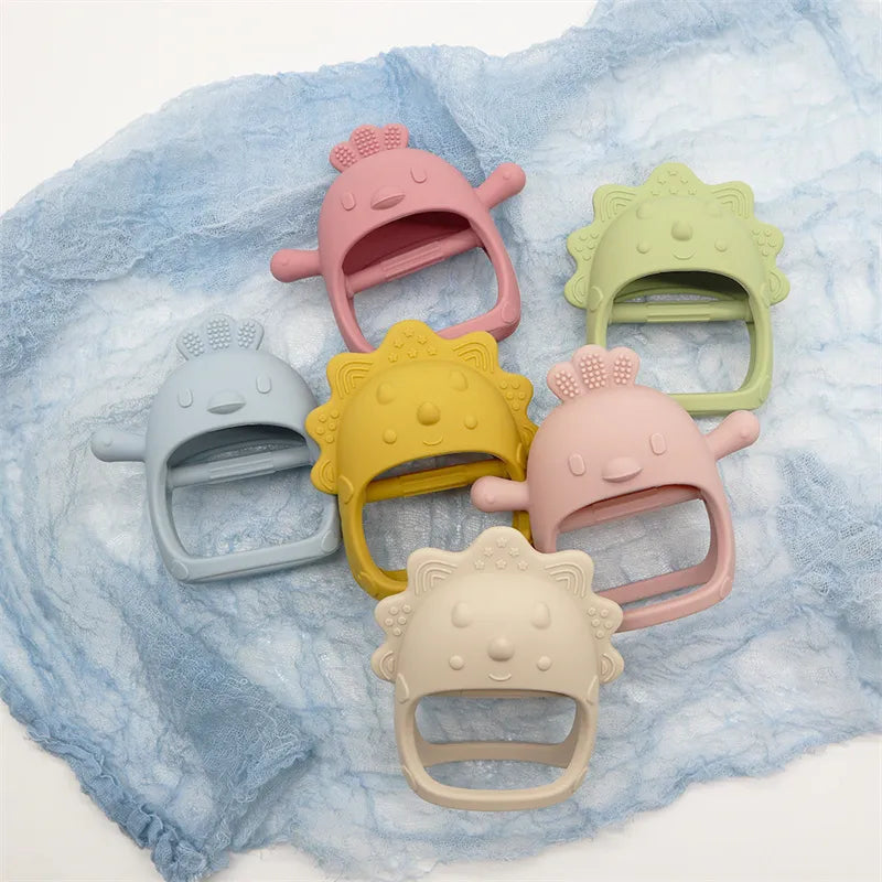 Soft touch silicone baby teether, animal themed, designed for infant comfort during teething