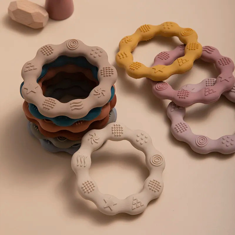 Close-up of textured silicone baby teether, designed for sensory and oral stimulation