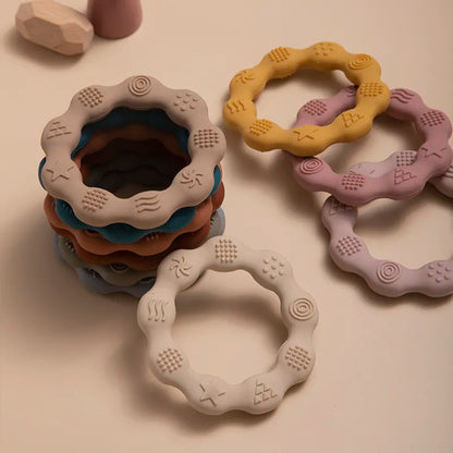 Close-up of textured silicone baby teether, designed for sensory and oral stimulation