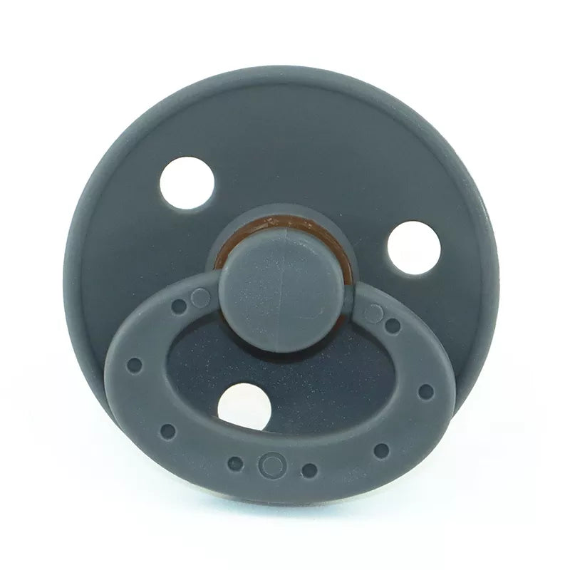 Side view of a soft infant pacifier, featuring a durable silicone nipple
