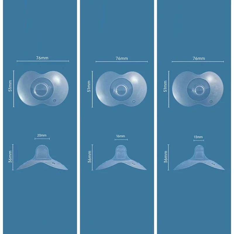 Ergonomic breastfeeding nipple protectors in soft silicone, helping with latch difficulties in a 2-pack.